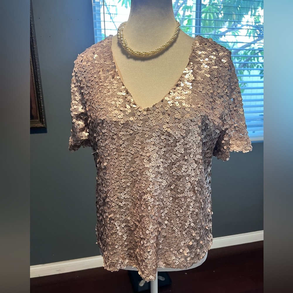 NWOT Sequin V-Neck Top - Rose Gold. Size M